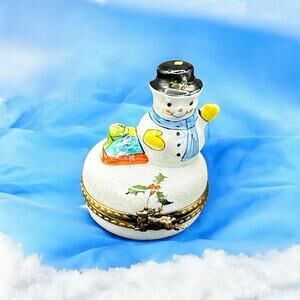 Limoges Porcelain Trinket Box Waving Snowman Peint Main Signed Holly Inside